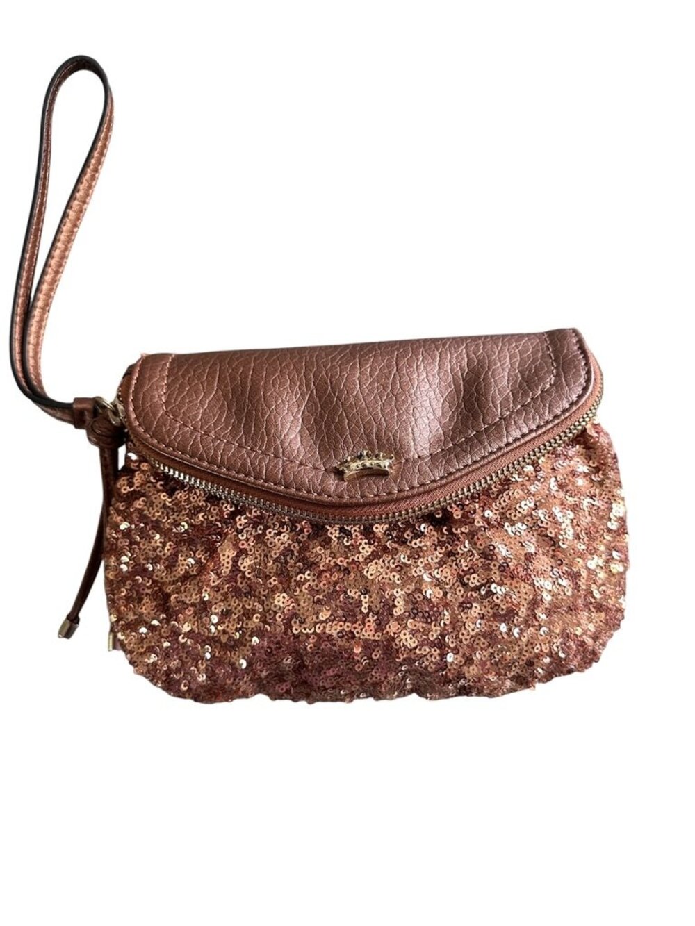 Juicy Couture Bronze Rose Gold Sequin Foldover Clutch Wristlet Bag Crown Charm